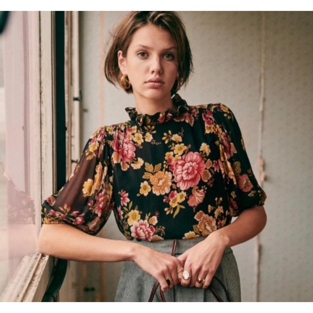 NEW Sezane Primie Blouse 36 4 Black Russian Doll Floral Ruffle Neck Puff Sleeve